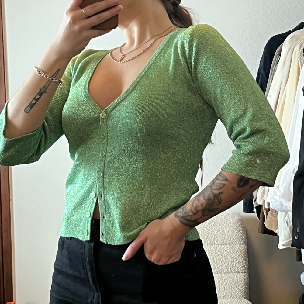 Betsey Johnson Vintage Y2K Green Sparkle 3/4 Sleeve Cardigan